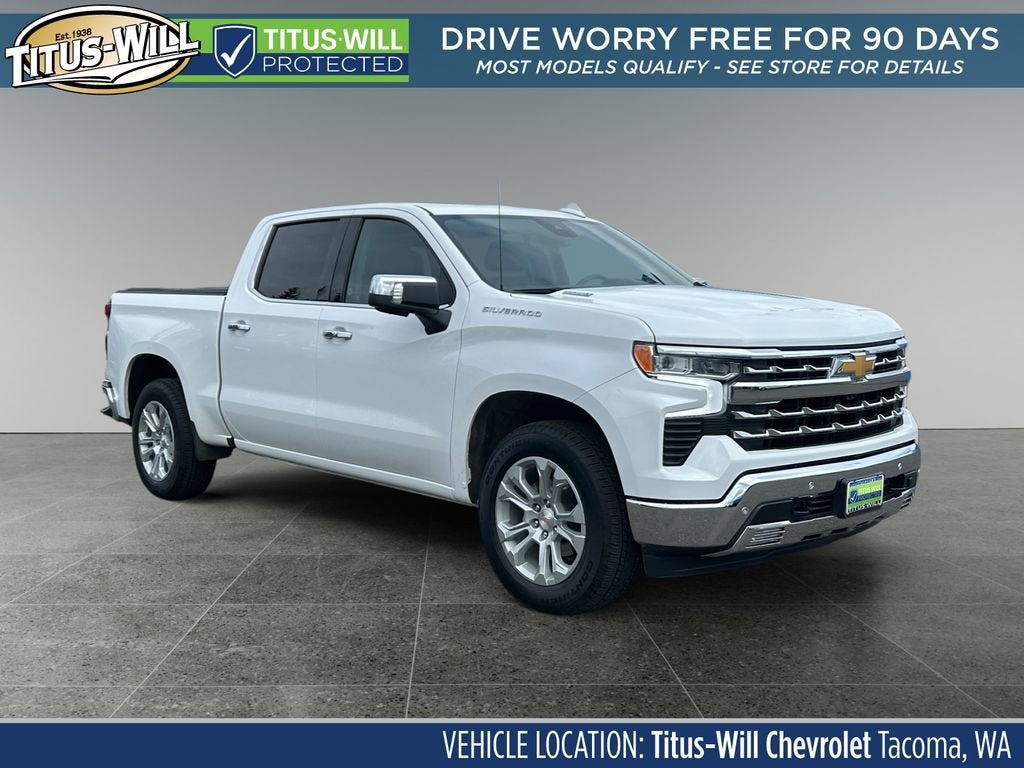 2025 Chevrolet Silverado 1500 LTZ in Summit White — front three-quarter view