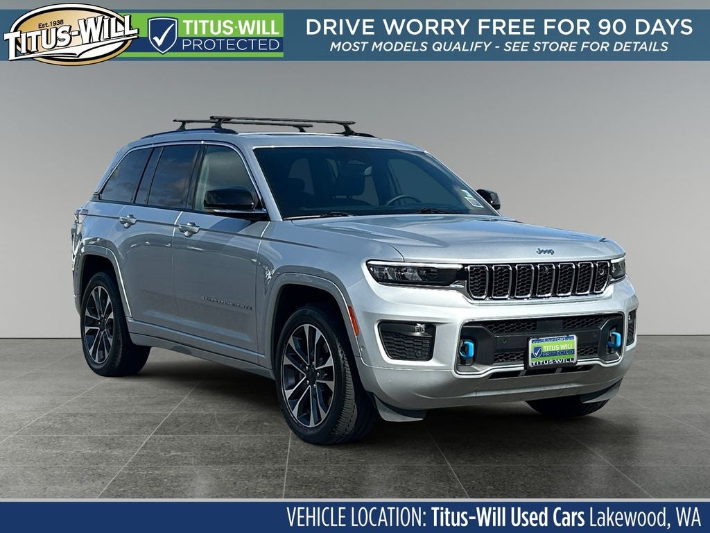 2023 Jeep Grand Cherokee Overland 4xe in Silver — front three-quarter view
