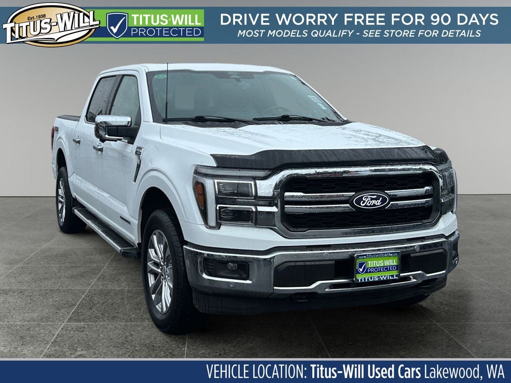 2025 Ford F-150 Lariat Hybrid in White — front three-quarter view