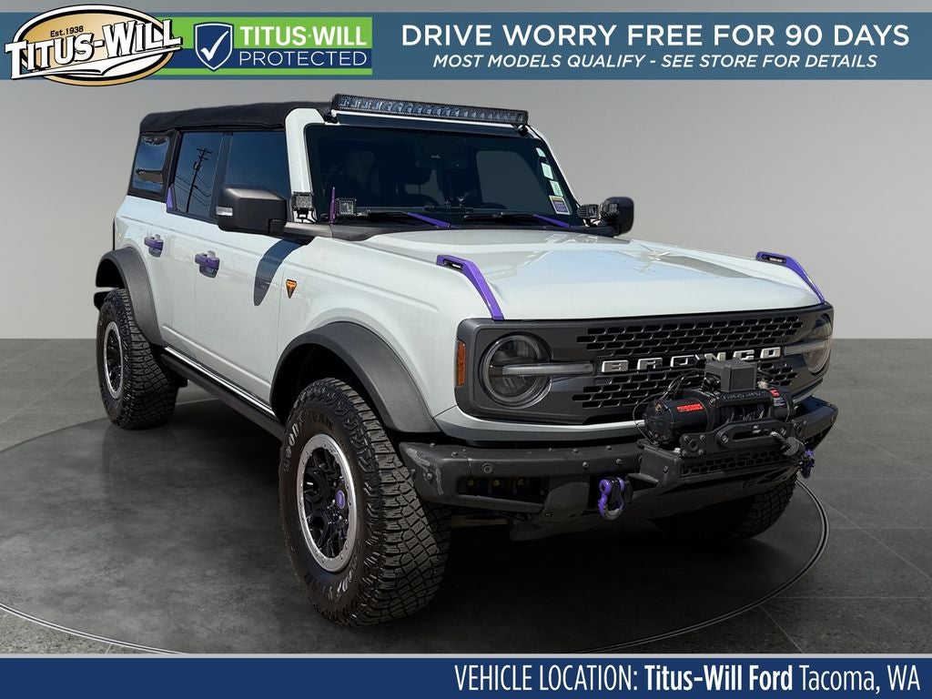 2021 Ford Bronco Badlands in Cactus — front three-quarter view