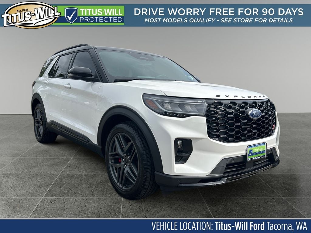 2025 Ford Explorer ST in White Metallic — front three-quarter view