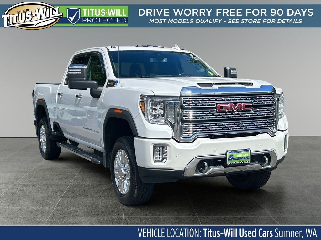 2020 GMC Sierra 3500HD Denali in White Frost — front three-quarter view
