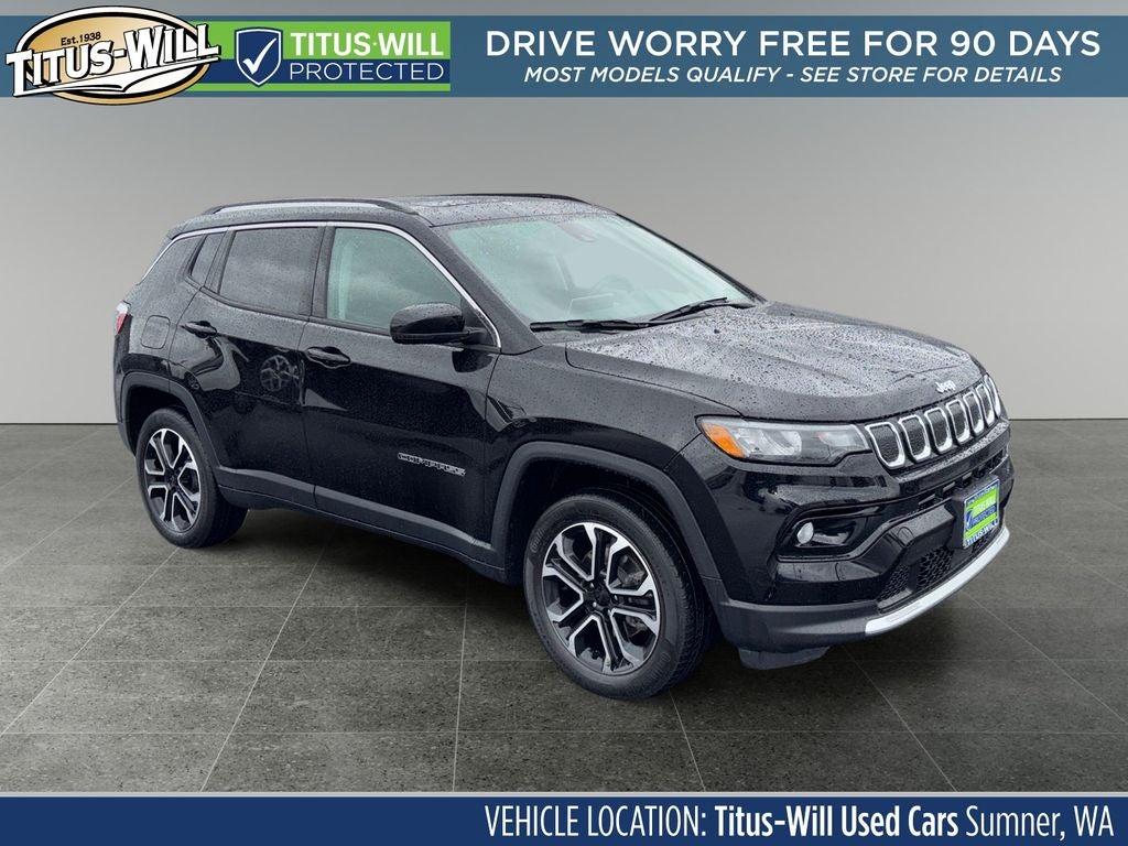 2022 Jeep Compass Limited in Diamond Black — front three-quarter view