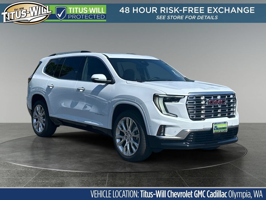2026 GMC Acadia Denali in Glacier White Tricoat — front three-quarter view