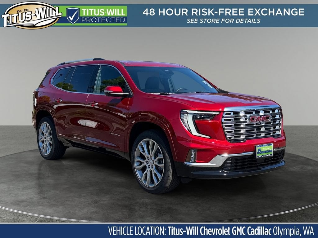 2026 GMC Acadia Denali in Volcanic Red Tintcoat — front three-quarter view