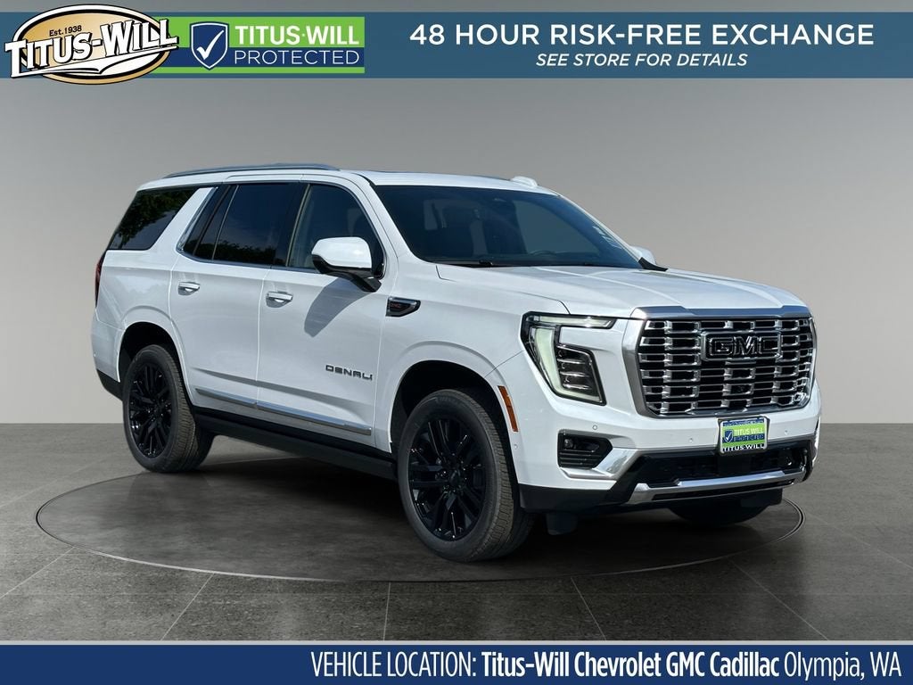 2026 GMC Yukon Denali in Glacier White Tricoat — front three-quarter view