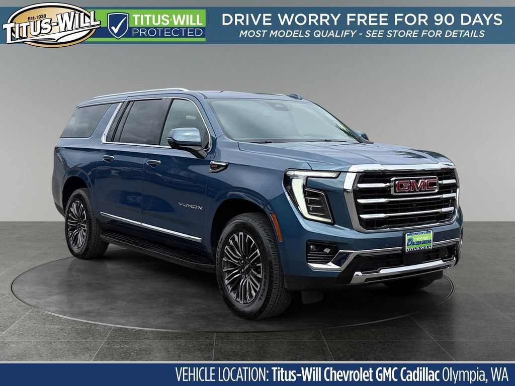 2025 GMC Yukon XL Elevation in Downpour Metallic — front three-quarter view
