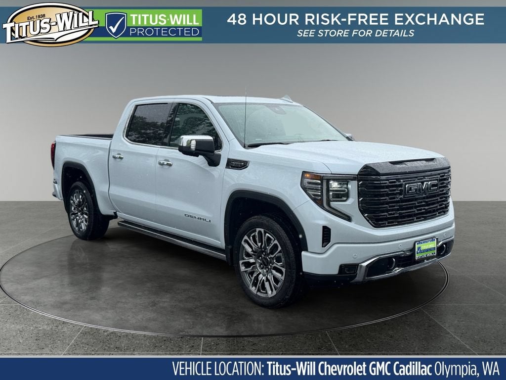 2026 GMC Sierra 1500 Denali Ultimate in Glacier White Tricoat — front three-quarter view