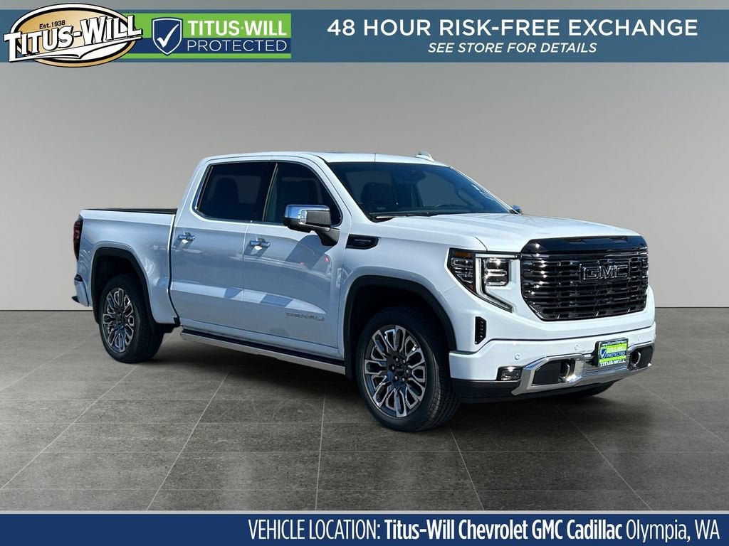 2026 GMC Sierra 1500 Denali Ultimate in Glacier White Tricoat — front three-quarter view